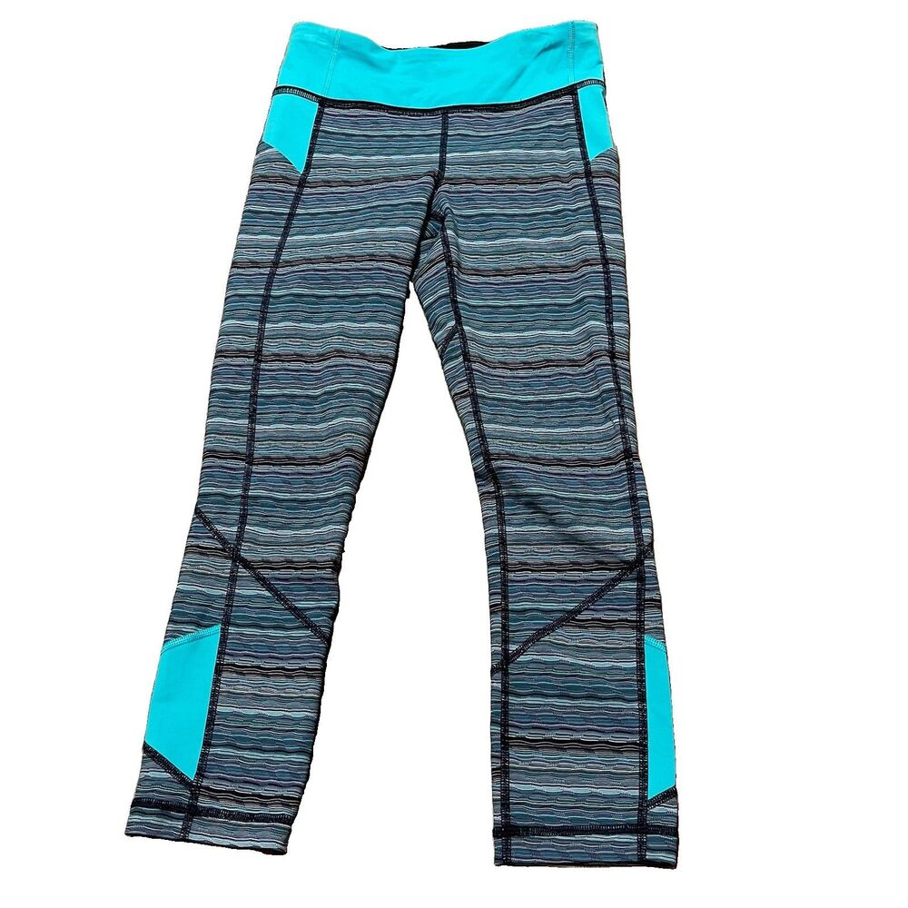 Lululemon Pace Rival Crop Leggings Size 4 Striped Teal Turquoise Blue Run Pocket